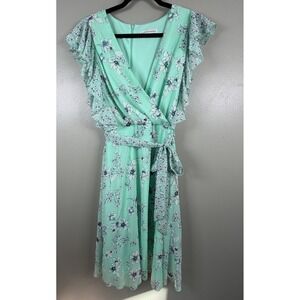 Sandra Darren Mint Green Floral Ruffle Sleeve Midi Dress Tie Waist Size 10